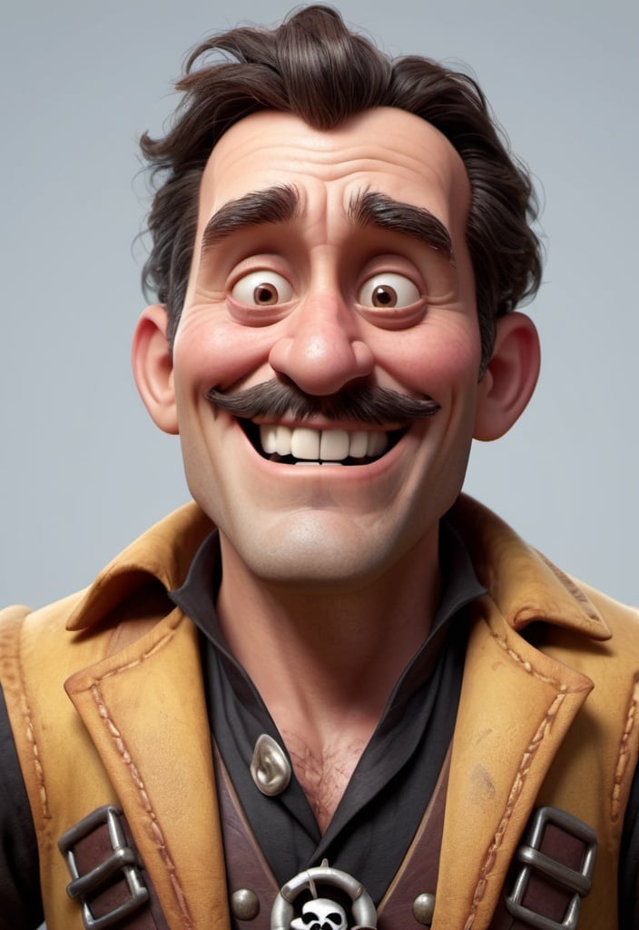 Prompt: Disney pixar character, 3d render style, old pirate evil laugh, cinematic colors