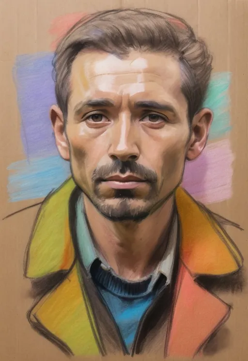 Prompt: Rough Colourful pastel sketch drawing of a man on brown paper