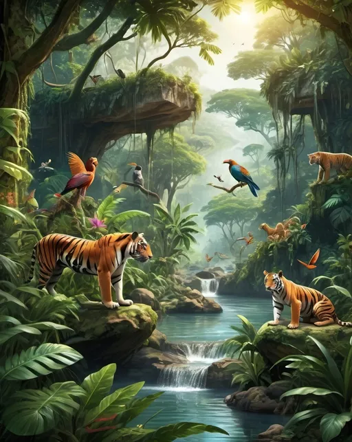 Prompt: Jungle animals and plants living in Harmony