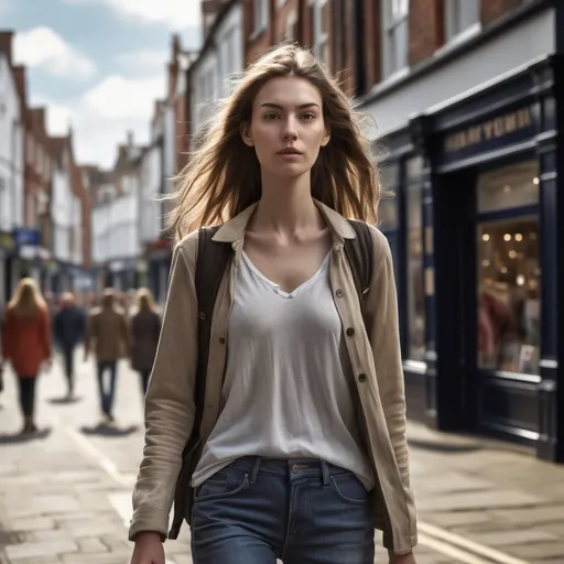 Prompt: Tall young woman walking down the high street, detailed clothing, realistic, natural lighting