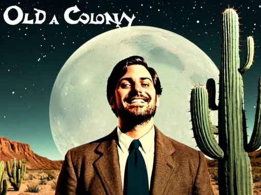 Prompt: Draw me a picture with the text “Old Colony” in middle. The picture has a cartoon cactus and the desert in background . Have moon in background with a vintage dark look. Make sure old colony is spelt right