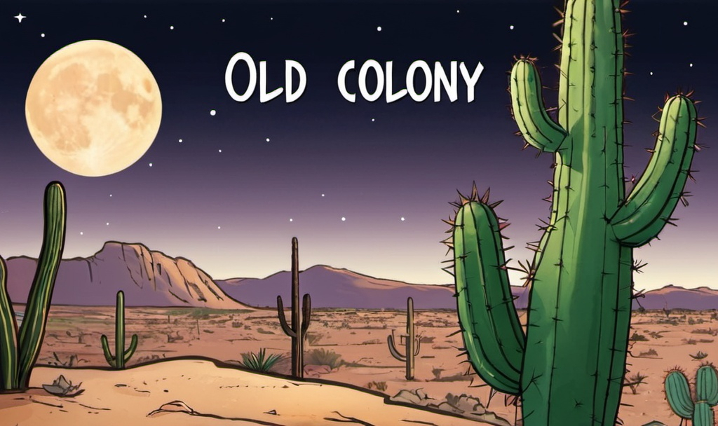 Prompt: Draw me a picture with the text “Old Colony” in middle. The picture has a cartoon cactus and the desert in background . Have moon in background.