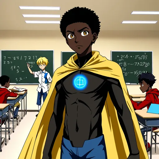 Prompt: Black America boy that is 13 years old and math class   with powers and a Cape. and all Black and blu and red ,yello Costume anime