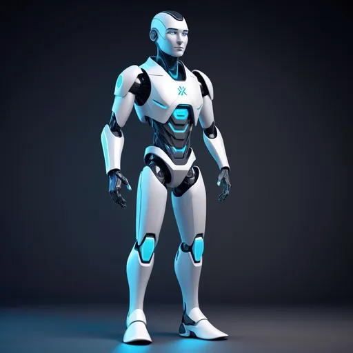 Prompt: Design of a 3D avatar Character Concept: Cipher Nexus is a cutting-edge AI developed by the national cybersecurity agency to assist in crisis management. It is designed to guide participants through challenges with a mix of intelligence and a touch of personality, making the experience more engaging show his hands and legs be creativeeeee