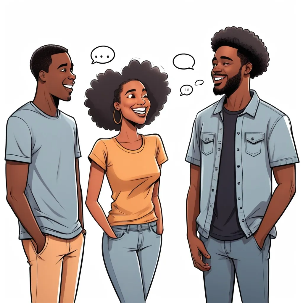 Prompt: two black men and a woman in their 20's. Happy. In basic drawn cartoon style. One talking to the other one. Make them look forward. Separate them as to not touch each other  
