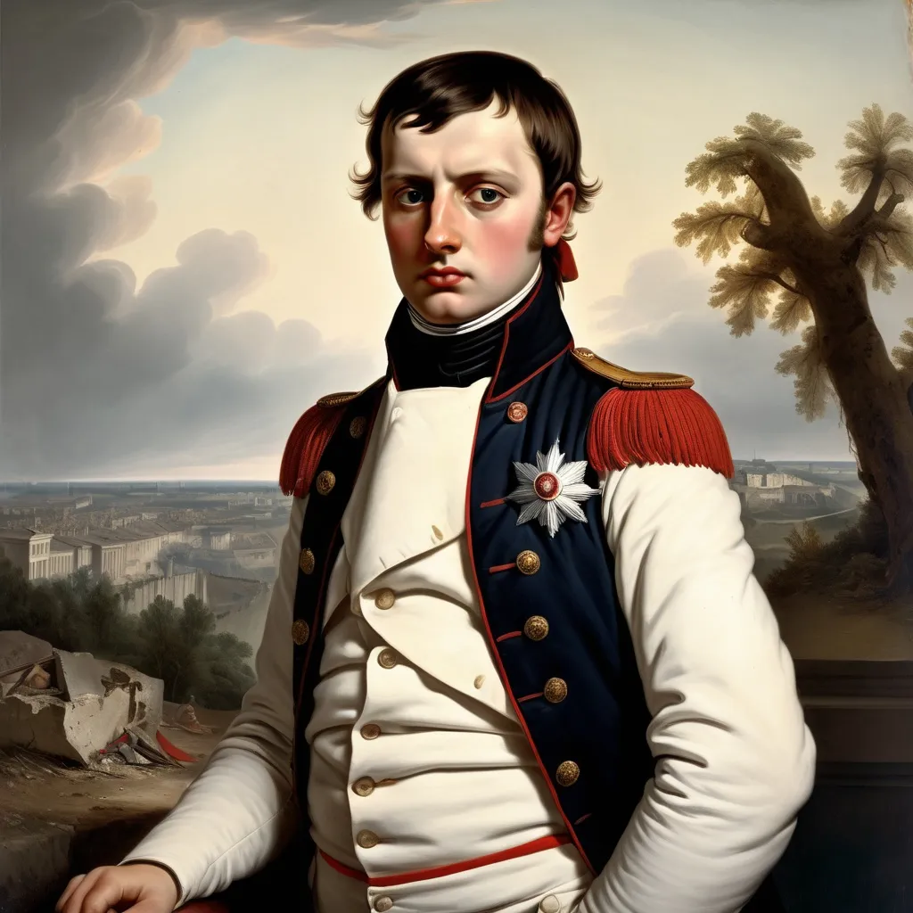 Prompt: Portrait of a young Napoleon and dramatic shots of war-torn landscapes.