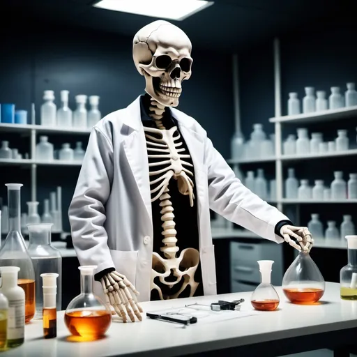 Prompt: skeleton hardcore theme wear laboratorium coat while using erlenmeyer and do the practice