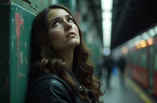 Prompt: frustrated  sad  woman looking up standing at London tube platform leaning against a cold pillar, fighting back tears, too embarrassed to ask for help