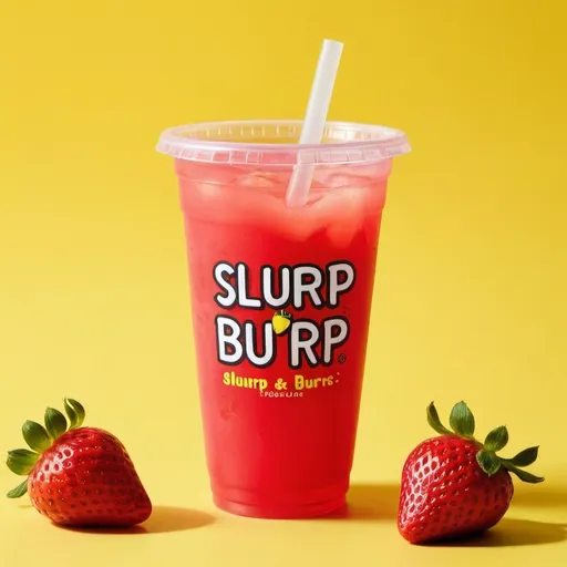 Prompt: An advertisement of Strawberry Lemonade in a printed disposable glass(named Slurp n Burp) in a yellow background.
