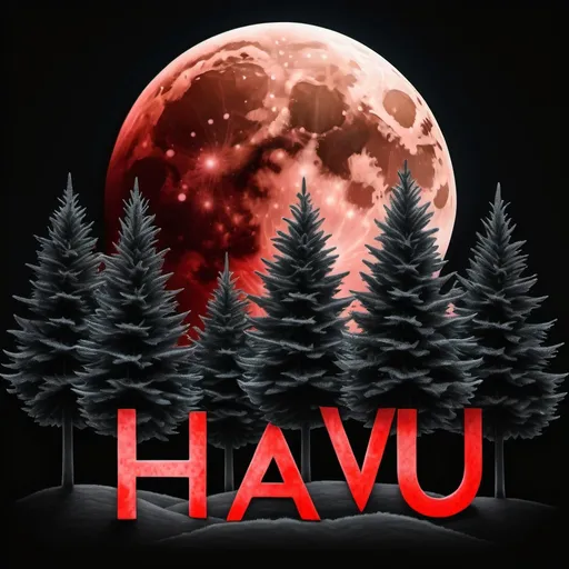 Prompt: fir trees form the word HAVU while the blood moon glows against the black night background