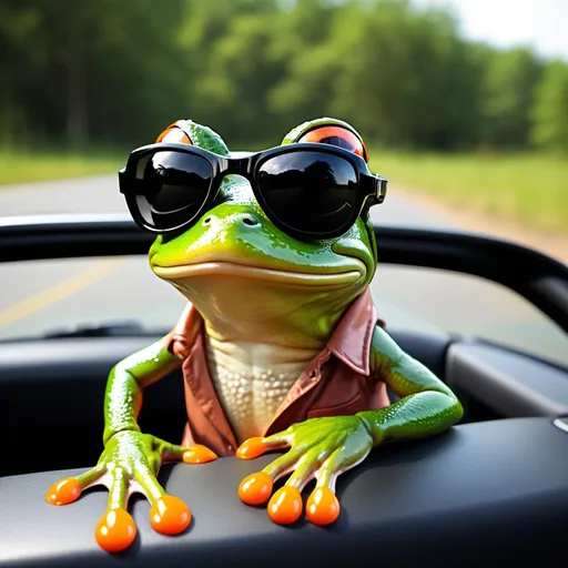 Prompt: a cool car-driving frog wearing sunglasses