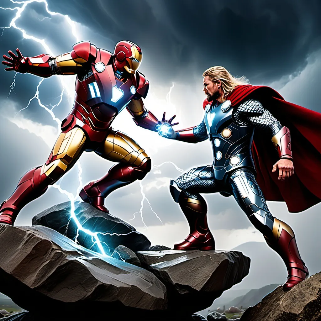 Prompt: "Iron Man and Thor are locked in an intense battle on a rocky, stormy battlefield. Thor stands on a large rock, summoning lightning with Mjolnir raised high, while Iron Man hovers in the air, blasting repulsor beams from his hands. The sky above them is dark with swirling storm clouds, and lightning strikes the ground around them, casting bright flashes of light. Thor’s armor is glowing with the energy of the storm, while Iron Man’s suit is shining with high-tech red and gold plating. The scene is filled with energy as both heroes unleash their full powers, with sparks flying and debris scattered across the battlefield."