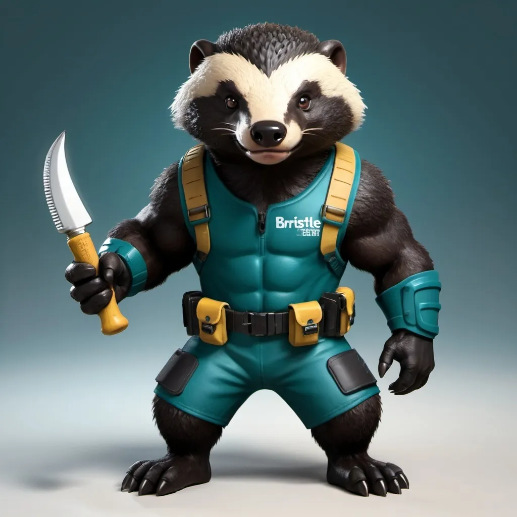 Prompt: Bristle is a compact and muscular honey badger with dark brown or black fur and equipped with tools especially suitable for burrowing and digging. His equipment, such as a teal kit and a small flashlight, support his role on the team. Bristle is an intelligent and friendly character who brings a lot of practical skills and confidence to the team.