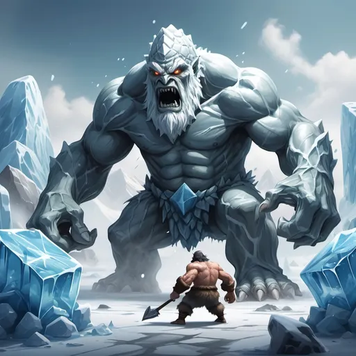 Prompt: a stone giant fighting an ice monster