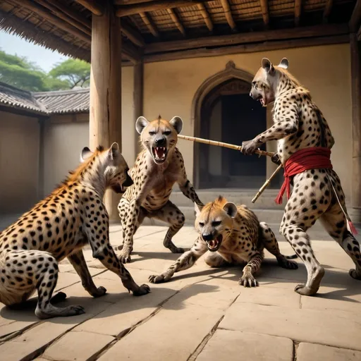 Prompt: in the picture hyena warriors attack the monastery and try to kill sensei panther. the cheetahs tried to help but they didn't succeed and their sesei passed away the only memory of sensei was his bamboo stick.