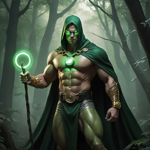 Prompt: Create an image of a powerful superhero with a mystical and intimidating presence. He wears a long, flowing green cloak that seems almost alive, blending into the surrounding environment. In his hand, he holds a serpent-shaped staff, glowing with an eerie light, symbolizing his control over venomous powers. He is physically imposing, with a muscular build that conveys both strength and agility. His eyes are sharp and glowing, and he wears a high-tech monocle over one eye, which displays advanced technological data and enhances his vision. On his wrist is a sleek, high-tech bracelet capable of firing retractable ropes or grappling hooks. The setting could be a dark forest or ancient ruins, adding to the mystical atmosphere. The overall color scheme should focus on greens, blacks, and deep golds.