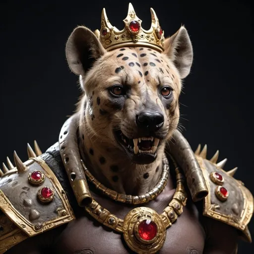 Prompt: hyena emperor Mighty and terrifying, radiating power and menace.
Coat: Dark brown or black, shiny coat with menacing streaks or spots.
Face: Large and charismatic face, sharp teeth, deep-set eyes. The eyes are red or gold, and one eye has a large, deep scar.
Scar: The scar extends over the emperor's right eye and runs diagonally across his face. The scar is thick, prominent, and may be a little more scarred and coarser than the rest of the coat.
Decorations: A royal crown or an ornate headband made of bones and skulls. There can be jewelry or amulets around the neck.
Structure: Massive and muscular, but at the same time supple and agile. The body structure has the perfect combination of strength and speed.
Weapons and Equipment:

Titanium Claws: Large, sharp claws, reinforced with special materials, possibly with steel covers or decorated with precious stones.
Death Tanks: Reinforced leather and metal, decorated with skulls and remains.
Scythe: A large Scythe or sword, decorated with carvings and jewels.
