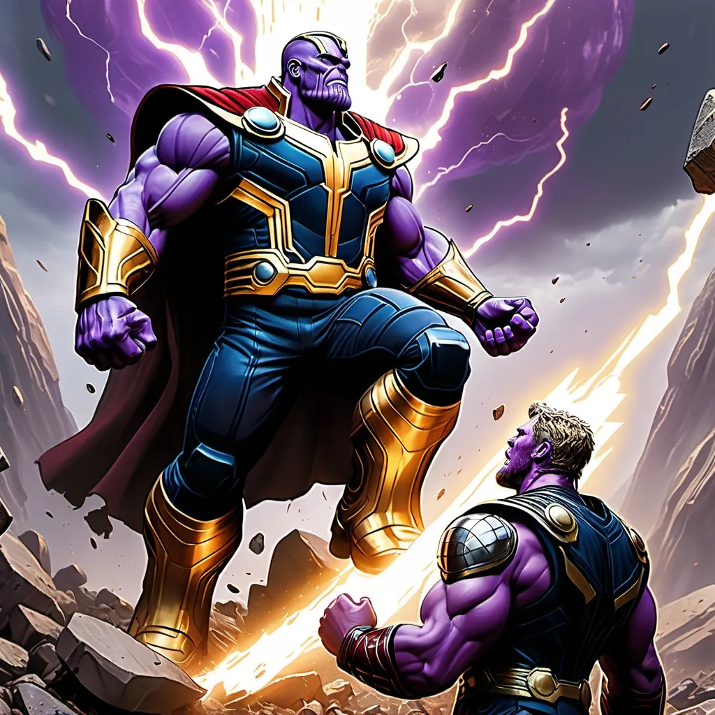 Prompt: "Thanos and Thor are engaged in a fierce battle on a desolate, rocky landscape, with the backdrop of a shattered, war-torn world. Thanos, towering and menacing, wields the Infinity Gauntlet, its stones glowing ominously. Thor, in his battle-worn armor, grips Stormbreaker tightly, his eyes blazing with determination. The ground is cracked and littered with debris from their devastating clash. Thanos is mid-attack, swinging a powerful punch, while Thor is poised to strike back, lightning crackling around him. The sky is dark and filled with swirling cosmic energy, adding to the dramatic and intense atmosphere of the fight."