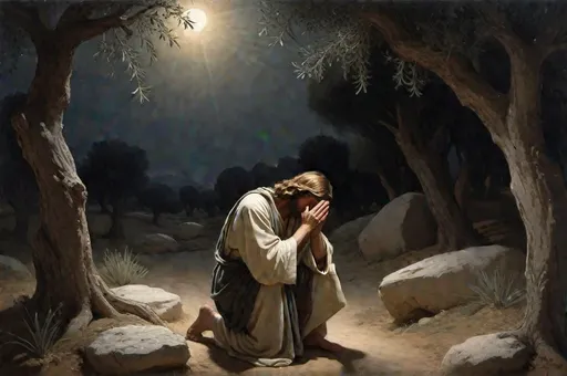 Prompt: A solemn and emotional depiction of Jesus in the Garden of Gethsemane during his agony. Jesus is shown kneeling on a rock, praying intensely with his hands clasped, his face filled with anguish, sweat like drops of blood falling from his brow. He is illuminated by a soft, divine light from above, possibly suggesting the presence of an angel offering comfort. The background is dark and filled with ancient olive trees under a night sky, with the distant silhouettes of the sleeping disciples. The atmosphere is tense, sacred, and sorrowful. Realistic style, with detailed expressions and dramatic, moody lighting that highlights the spiritual and emotional weight of the moment.
