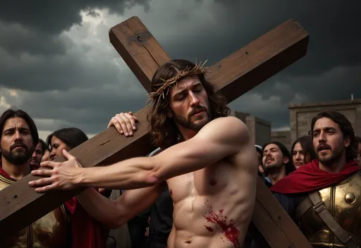 Prompt: Una escena dramática y conmovedora de la Pasión de Cristo, mostrando a Jesús cargando la cruz en el camino al Calvario. Jesús aparece con el rostro lleno de sufrimiento y compasión, coronado de espinas, con sangre en el rostro y cuerpo. A su alrededor, soldados romanos lo empujan, y algunos espectadores lloran. El cielo está oscuro, con nubes cargadas que insinúan tormenta, dando un tono solemne y espiritual a la imagen. Estilo realista, iluminación dramática tipo Caravaggio, alto nivel de detalle y expresividad en los rostros.