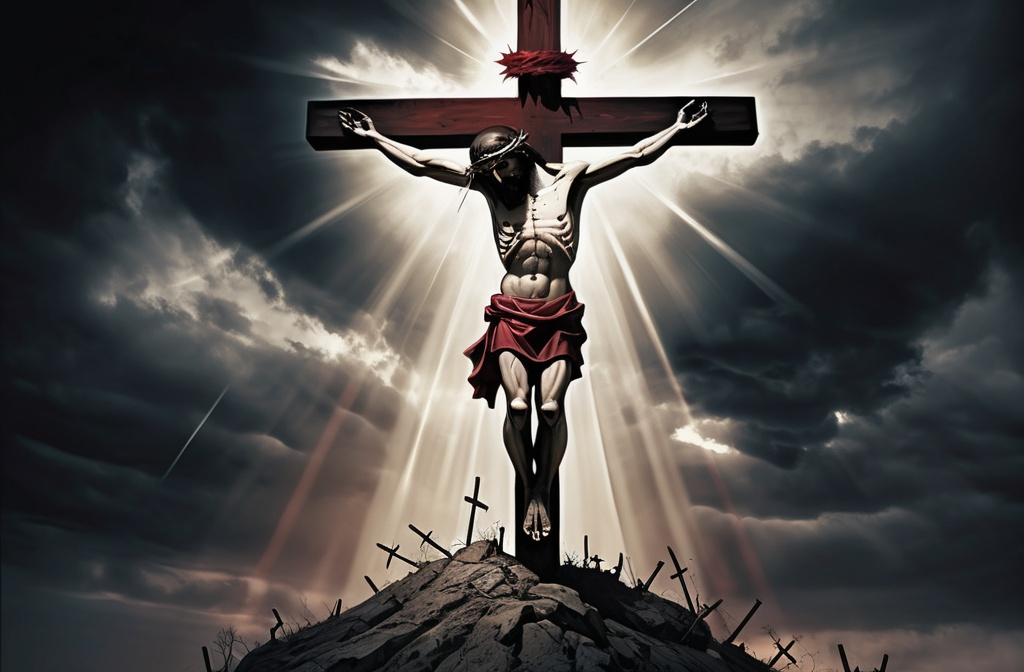 Prompt: A powerful and emotional depiction of the Crucifixion of Jesus Christ on Golgotha. Jesus hangs on the cross at the center, wearing a crown of thorns, blood on his forehead, hands, and side. His expression is a mix of agony and divine forgiveness. Two other crosses with thieves are in the background. The sky is dark and stormy, with beams of light breaking through the clouds, symbolizing divinity and hope. Mary, John, and Mary Magdalene are at the foot of the cross, weeping and praying. Roman soldiers and curious onlookers stand nearby. Highly detailed, dramatic lighting inspired by Caravaggio, with realistic anatomy and expressive faces. A sacred and somber atmosphere.