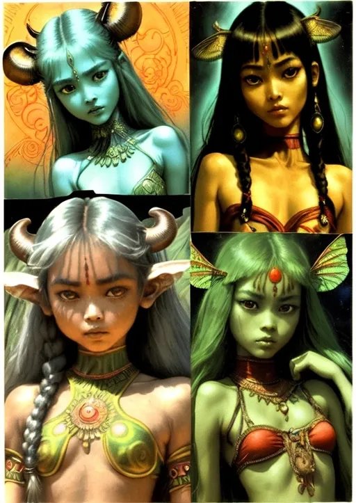 Prompt: Vintage 70s psychedelic surreal sci-fi. Collage (five very cute and beautiful slim SE Asian girl children classical dancers) (playing indian musical instruments) (slanty eyes with green irises) (all 5 have scarlet skin), intricate details in their sweet inviting expressions, (heavy silver jewelry), hair in 2 braids, small cow horns growing from their heads, (dragonfly wings on their backs), (each dressed in just a scanty embroidered sash ), black misty voodoo trees background, style of barry smith conan the barbarian<mymodel> comics