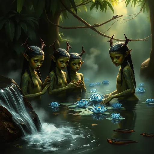 Prompt: Oil paint style tropical rainforest), lush greenery, dark dusky colors, (bubbling boiling stream flowing) from the side forming a steaming shallow pool with blue and white water lilies, five beautiful cambodian girl naga goblin vampire children) (the girls are doing eldritch group dances with each other wading in the dark pool and seem to be in a trance) (the five girls have very slanty reptilian eyes with green irises) (all 5 have green or dark gold skin covered in mystical glowing cambodian magic tatoos), intricate details and stitches in their faces with mesmerized expressions, hair in 2 braids, small antlers growing from their heads, (dragon wings on their backs), lizards on tree branches, dappled sunlight filtering through smoke in the canopy, dark foliage, tranquil and serene ambiance,defined