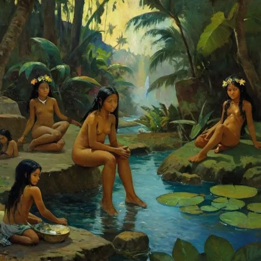 Prompt: A semi realistic impressionist oil painting in the naturalist style of Paul Gaugin, masterful brush strokes visible. Colourful artistic license, jumbled contemporary slum village in background (bubbling boiling stream flowing) from the side forming a steaming hot spring pool, lagoon and beach in distance, 2 beautiful Polynesian girl children) (the girls doing primitive dances (ankle deep in in the steaming pool) and seem to be in a trance) (the 2 girls have very adorable eyes) (they have brown or dark golden skin with some mythological tatoos), jasmine flowers in their hair intricate details in their faces with inviting expressions, hair in 2 braids, small antlers growing from their foreheads, clad in torn extremely short flower printed mimiskirts, wild horses behind the trees, dappled sunlight filtering rays through smoke in the canopy, late evening light, foliage of raised atoll flora, humble and commonplace ambiance,defined