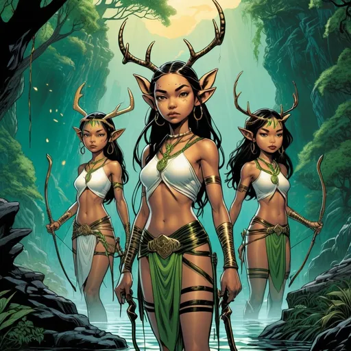 Prompt: Black and white coloring book illustration,  line art, sunset night background, marvel comic barry smith style (7 (seven) slender and beautiful SE Asian girl goblin children archers) (very slitted eyes) with leaf-green/gold skin, intricate details in their mysterious trance expressions, (draped in tiger tooth necklaces ), hair in 2 braids, deer antlers growing from their heads, (dragon wings on their backs), (dressed in just a few strips of rawhide), cinematic ambiance creating a sense of mountain holy springs springs in fairyland , ultra-detailed with a hauntingly beautiful atmosphere, dynamic scene conveying enchantment, visually striking realistic illustration, line art, dark background