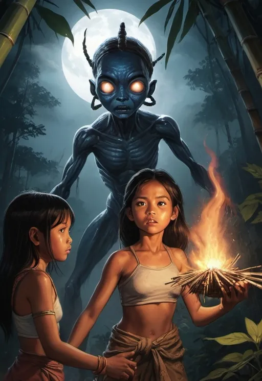 Prompt: science-fiction, pulp style, terrifying termite-alien with wood spaceship abducting 3 slender and beautiful young SE Asian little girl beggar children (very slitted eyes)  fire and smoke night background, marvel comic barry smith style, with brown-blue skin, intricate details in their mysterious trance expressions, hair in 2 braids,  (dressed in just a few bamboo leaves), cinematic ambiance creating a sense of hindu temple ruins) , ultra-detailed with a hauntingly menacing atmosphere, dynamic scene conveying enchantment, visually striking realistic illustration, line art, dark background