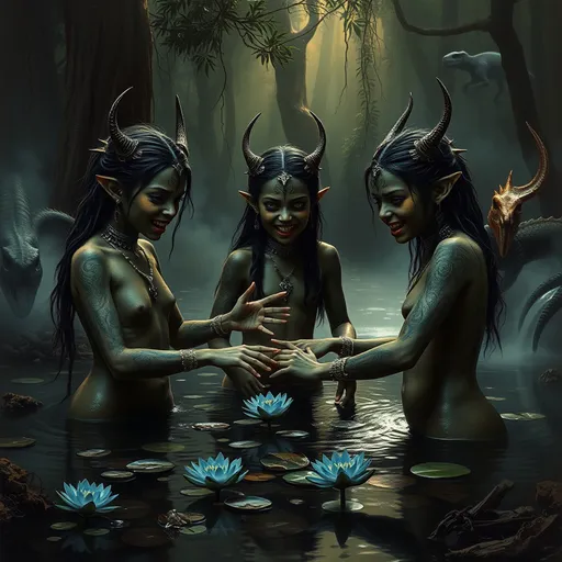 Prompt: Oil painting brooding Rembrandt style, dramatic drought stricken tropical forest), withered greenery, dark dusky colors, (bubbling boiling sulpherous stream flowing) from the side forming a steaming shallow pool with blue and white water lilies, 3 beautiful fanged Tibetan naga goblin vampire girl children with mongolian facial features) (the girls are doing a jerky group dance with each other wading in the dark pool and seem to be in a trance) (the 3 preteen girls have very slanty reptilian eyes with green irises) (all 3 have green or dark gold skin covered in mystical glowing cambodian magic tatoos), their arms and necks festooned in bizarre silver jewelry, delicate lotus shaped iron crowns on their heads, intricate details and stitches in their faces with mesmerized expressions, hair tangled long and loose, small antlers growing from their heads, (dragon wings on their backs), dinosaurs lurking behind the tree branches, dappled sunlight filtering through smoke in the canopy, dark foliage, tranquil and serene ambiance,defined