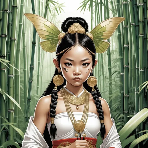 Prompt: Black and white coloring book illustration,  line art, solid white background, marvel comic barry smith style (five cute and beautiful SE Asian girl goblin children musicians) (playing chinese opera instruments) (very slitted eyes) intricate details in their mysterious inviting expressions, (draped in bead necklaces ), hair in 2 braids, antennae growing from their heads, (insect wings on their backs), (dressed in just a few bamboo leaves), cinematic ambiance creating a sense of a dinosaur swamp in fairyland , ultra-detailed with a hauntingly beautiful atmosphere, dynamic scene conveying enchantment, visually striking illustration, line art, solid white background