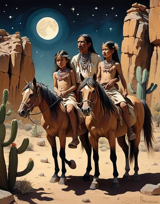 Prompt: (Highly detailed paul gaugin post impressionist style), 2 mustang horses and middle aged native Zuni father with his 2 little girls playing tag in among mustang horses , several happy (mischievous) ( beautiful slender) native Zuni Indian little girl children, (wearing only beads), fooling around on the rocks, holding play wooden spears, dark night sky ,their hair is braided into two plaits, face paint, playful expressions, background of majestic hoodoos, (palamino horses) and cacti, desert landscape under starry skies, soft yet vibrant earth tones, light hearted mood, inspired by the art of Rembrandt, primitivism aesthetic, intricate texture, enchanting atmosphere, ultra-detailed dramatic lighting, capturing innocence and cultural heritage. dark colors, dramatic, graphic novel illustration,  2d shaded retro comic book