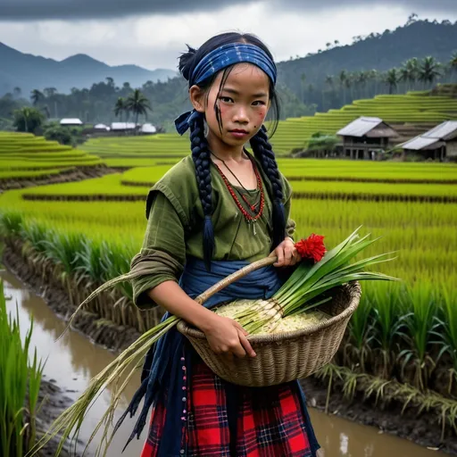 Prompt: (Realistic dark Rembrandt style) (SE asian girl child whose skin tone is bright green) (black hair in two braids), (beautiful young nymph), holding a sickle and rice stalks , terraced rice fields in the background, she is wearing a red tartan bandana and (dressed in tattered indigo rags), wild cranes, (intricately designed krathom basket) gypsy horror atmosphere, dark tones, magical ultra-detailed, captivating expression in her eyes, portray innocence and grace