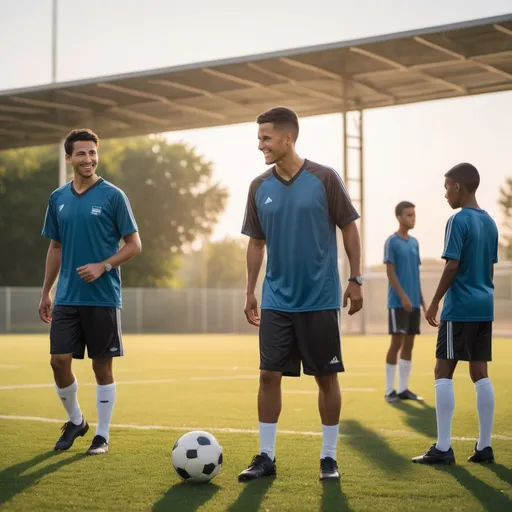 Prompt: Title: Summer Soccer Training Program

Scene 1: Introduction

Setting: A sunny, well-maintained soccer field in the early morning, dew still visible on the grass.
Characters: A soccer coach (mid-30s, athletic build, wearing a coach’s kit with a whistle around the neck) standing with a clipboard.
Action: The coach is looking at a list, pensively choosing from a group of player profiles spread out on the table next to a field.
Text Overlay: "This summer, I’m taking on only 3-5 soccer players looking to improve their performance on the pitch."
Scene 2: Player Interaction

Setting: The same soccer field, now with a small group of diverse players (3-5 players, different ethnicities, each showing a distinct soccer skill like dribbling, shooting, or defending).
Characters: The same coach, actively demonstrating a technique.
Action: Players are engaged in intense training drills, showing determination and focus.
Text Overlay: "Dedicated. Focused. Ready to level up their game."
Scene 3: Progress and Success

Setting: The soccer field at sunset, signaling the end of a training day.
Characters: The coach and the players, all smiling and sweaty after a good day’s work.
Action: Players performing better, with clear improvement in their skills; one player scoring a goal, another executing a perfect pass.
Text Overlay: "Transforming potential into excellence on the pitch."
Visual Style:

Bright and motivational with a realistic style emphasizing vibrant, dynamic action shots.
Include motivational elements such as inspirational quotes subtly integrated into the background.
Intended Use:

This graphic story is meant for a promotional flyer and social media posts to attract young athletes to the summer training program.