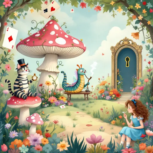 Prompt: A gender neutral backdrop appropriate for kids with key elements from Alice in Wonderland including a mushroom, striped cat, the caterpillar and Alice herself and a quote “this is my dream i'll decide where it goes from here” in big font size in the image