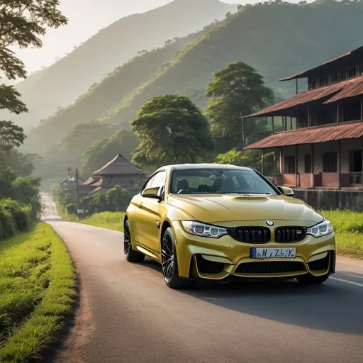 Prompt: (BMW M4 in Assam, India), photorealistic, vibrant colors, high depth cinematic masterpiece, dramatic sunlight, lush green hills in the background, traditional Assamese buildings, winding road, serene and peaceful atmosphere, crystal clear sky, ultra-detailed, HD, 4K