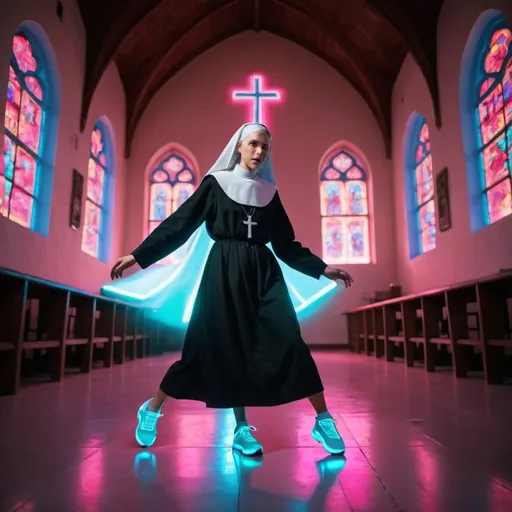 Prompt: Young nun, wearing sneakers, is dancing techno in a neon-light catholic monastery.