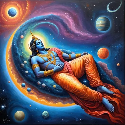 Prompt: Lord Vishnu sleeping in Milky Way Galaxy, planets orbiting, cosmic surrealism, oil painting, divine tranquility, vibrant cosmic colors, surrealistic, high quality, detailed cosmic scene, oil painting, surrealism, cosmic colors, divine tranquility, planetary orbits, tranquil lord Vishnu, cosmic surrealism, vibrant colors, high quality