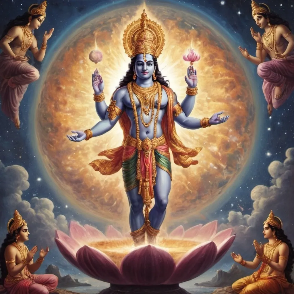 Prompt: Lord Vishnu Creating earth with a magic power with 4 hands in galaxy high quality