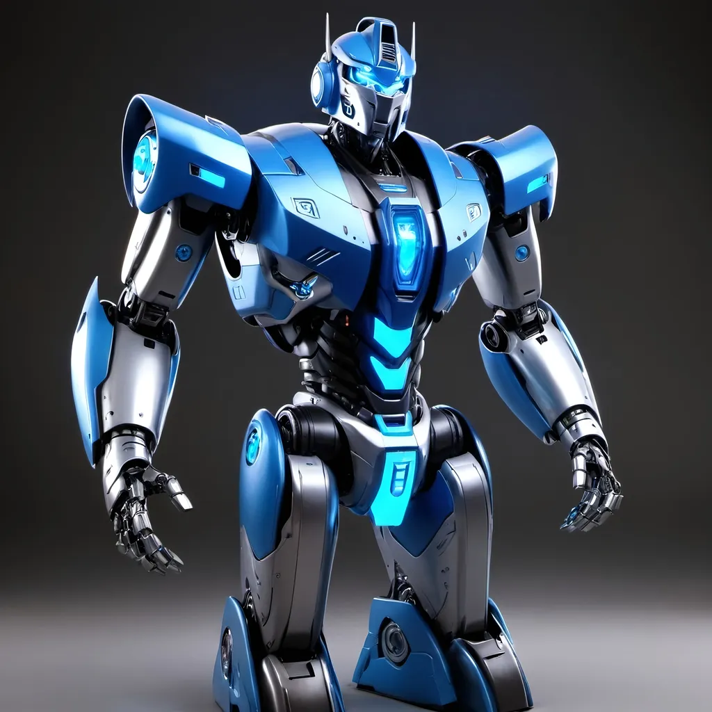 Prompt: mecha futuristic robot mascot inspired by Transformers. The robot should have a sleek and powerful design, with intricate mechanical details and glowing blue accents. On its chest, prominently display the word 'XaranaAPI' in futuristic font, glowing with neon blue light. The robot should be in a confident pose. Its face should have a visor-like eye and sharp features, giving it a commanding and heroic presence.