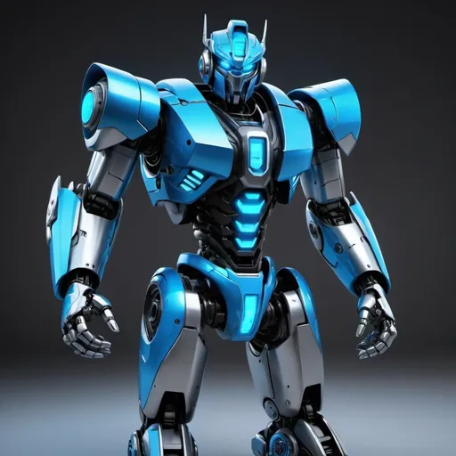 Prompt: Mecha robot mascot inspired by Transformers. The robot should have a sleek and powerful design, with intricate mechanical details and glowing blue accents. It should stand tall and imposing, with a sturdy body made of metallic armor. On its chest, prominently display the word 'XaranaAPI' in bold, futuristic font, glowing with neon blue light. The robot should be in a confident pose, giving a thumbs-up with one hand, while its other hand rests on its hip. Its face should have a visor-like eye and sharp features, giving it a commanding and heroic presence.