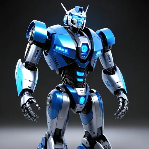 Prompt: mecha futuristic robot mascot inspired by Transformers. The robot should have a sleek and powerful design, with intricate mechanical details and glowing blue accents. On its chest, prominently display the word 'XaranaAPI' in futuristic font, glowing with neon blue light. The robot should be in a confident pose. Its face should have a visor-like eye and sharp features, giving it a commanding and heroic presence.