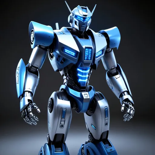 Prompt: mecha futuristic robot mascot inspired by Transformers. The robot should have a sleek and powerful design, with intricate mechanical details and glowing blue accents. On its chest, prominently display the word 'XaranaAPI' in futuristic font, glowing with neon blue light. The robot should be in a confident pose. Its face should have a visor-like eye and sharp features, giving it a commanding and heroic presence.