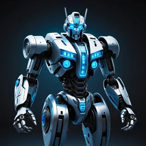 Prompt: Mecha robot mascot inspired by Transformers. The robot should have a sleek and powerful design, with intricate mechanical details and glowing blue accents. It should stand tall and imposing, with a sturdy body made of metallic armor. On its chest, prominently display the word 'XaranaAPI' in bold, futuristic font, glowing with neon blue light. The robot should be in a confident pose, giving a thumbs-up with one hand, while its other hand rests on its hip. Its face should have a visor-like eye and sharp features, giving it a commanding and heroic presence.