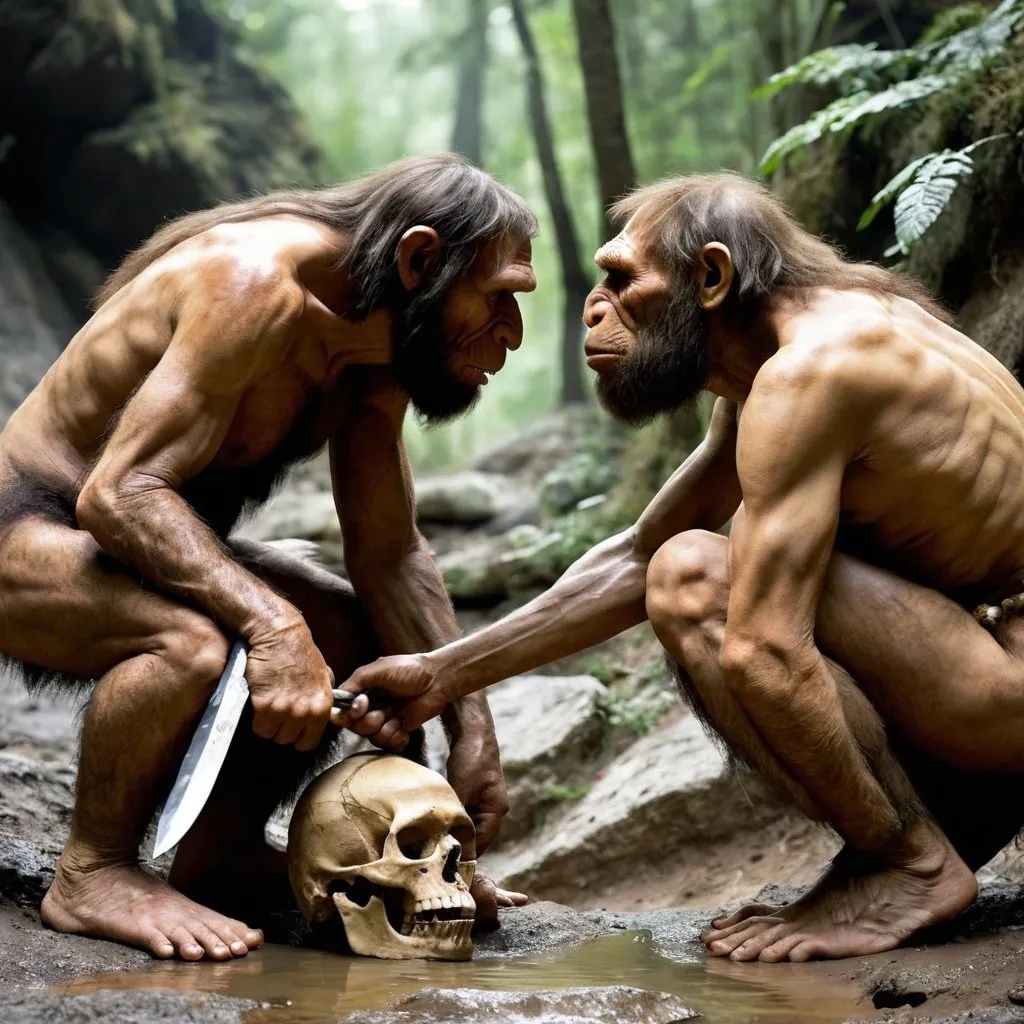 Prompt: guerra entre neandertal y humano moderno en donde se vea odio entre ellos y agresividad


