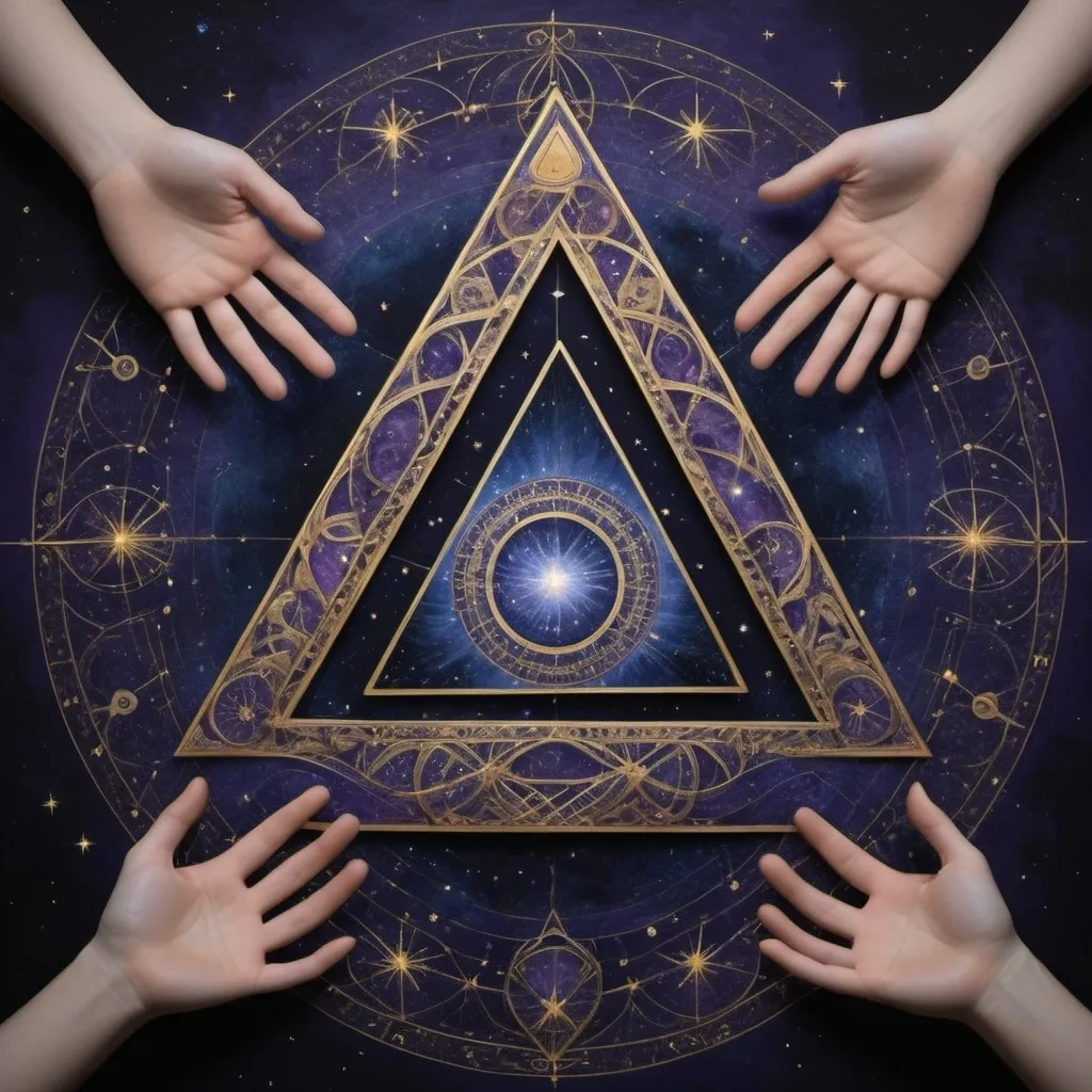 Prompt: Eight sets of the number 8, arranged in an aesthetically pleasing and symmetrical pattern.
Hands positioned to form a triangle, reminiscent of the Illuminati symbol, at the center of the design.
Inside the triangle formed by the hands, depict a different universe, full of stars, galaxies, and celestial wonders, to give a sense of looking into another dimension.
A mystical and ethereal atmosphere, with elements that suggest the theme of ascension and the celestial.
Use a color palette that includes deep blues, purples, and touches of gold to evoke a sense of mystery and grandeur.
Integrate subtle, glowing effects around the hands and the eights to enhance the otherworldly feel.