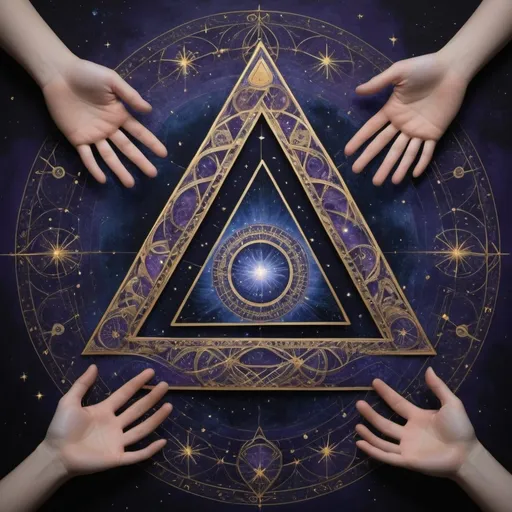 Prompt: Eight sets of the number 8, arranged in an aesthetically pleasing and symmetrical pattern.
Hands positioned to form a triangle, reminiscent of the Illuminati symbol, at the center of the design.
Inside the triangle formed by the hands, depict a different universe, full of stars, galaxies, and celestial wonders, to give a sense of looking into another dimension.
A mystical and ethereal atmosphere, with elements that suggest the theme of ascension and the celestial.
Use a color palette that includes deep blues, purples, and touches of gold to evoke a sense of mystery and grandeur.
Integrate subtle, glowing effects around the hands and the eights to enhance the otherworldly feel.