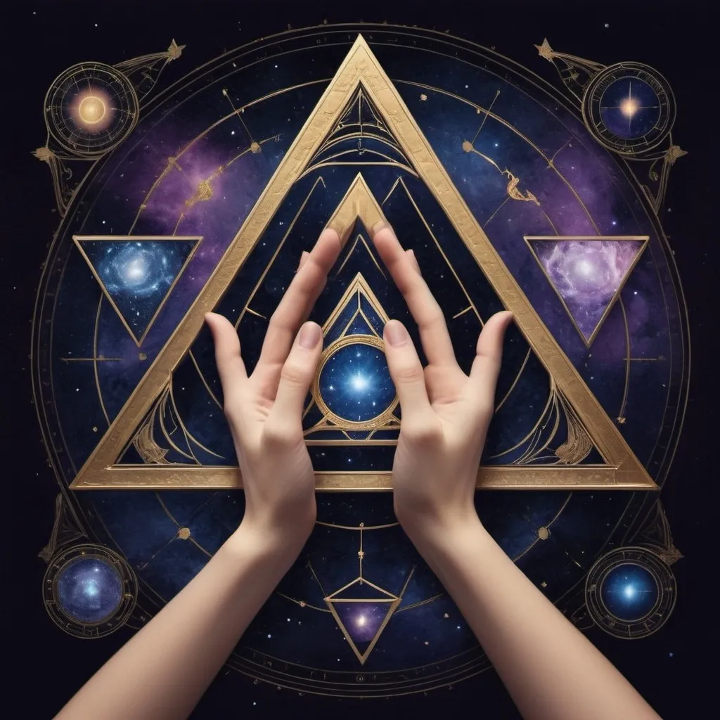 Prompt: Hands positioned to form a triangle, reminiscent of the Illuminati symbol, at the center of the design.
Inside the triangle formed by the hands, depict a different universe, full of stars, galaxies, and celestial wonders, to give a sense of looking into another dimension.
A mystical and ethereal atmosphere, with elements that suggest the theme of ascension and the celestial.
Use a color palette that includes deep blues, purples, and touches of gold to evoke a sense of mystery and grandeur.
Integrate subtle, glowing effects around the hands and the eights to enhance the otherworldly feel.