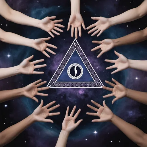 Prompt: Eight sets of the number 8, arranged in an aesthetically pleasing and symmetrical pattern.
Hands positioned to form a triangle, reminiscent of the Illuminati symbol, at the center of the design.
Inside the triangle formed by the hands, depict a different universe, full of stars, galaxies, and celestial wonders, to give a sense of looking into another dimension.
A mystical and ethereal atmosphere, with elements that suggest the theme of ascension and the celestial.
Use a color palette that includes deep blues, purples, and touches of gold to evoke a sense of mystery and grandeur.
Integrate subtle, glowing effects around the hands and the eights to enhance the otherworldly feel.